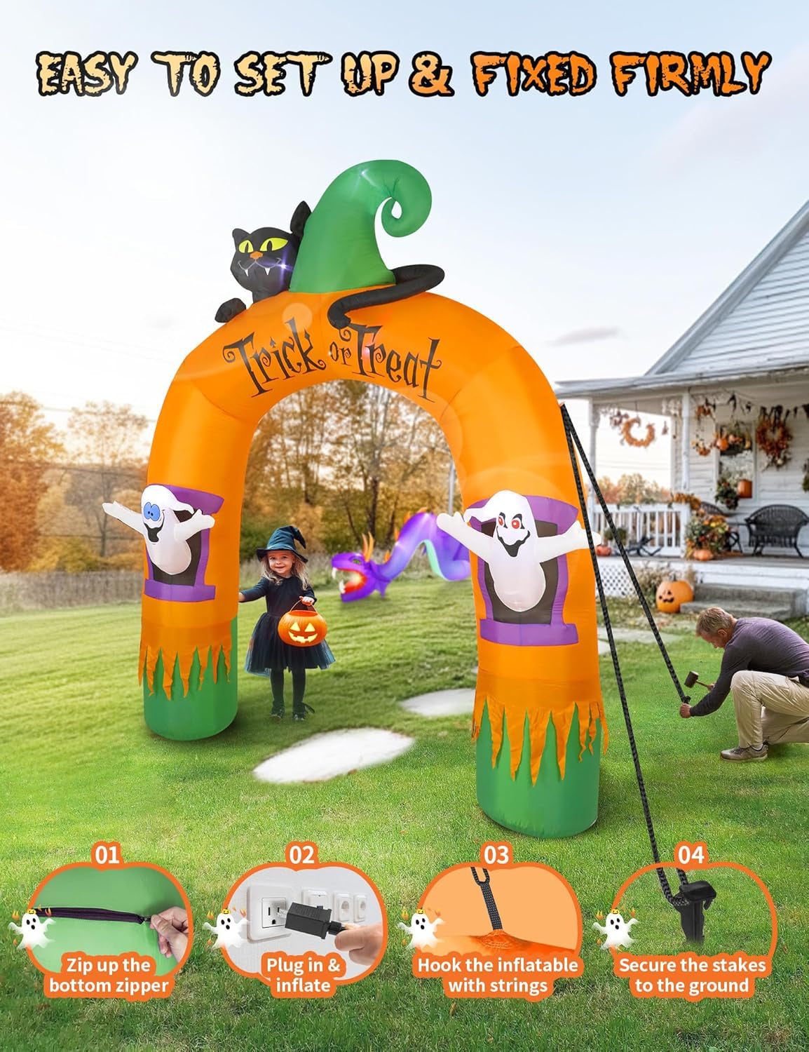 10FT Large Halloween Inflatable Archway Decoration, Halloween Blow Up Lighted Archway with Ghost & Black Cat & Cornucopia, Trick & Treat Yard Garden Patio Lawn Outside Decor