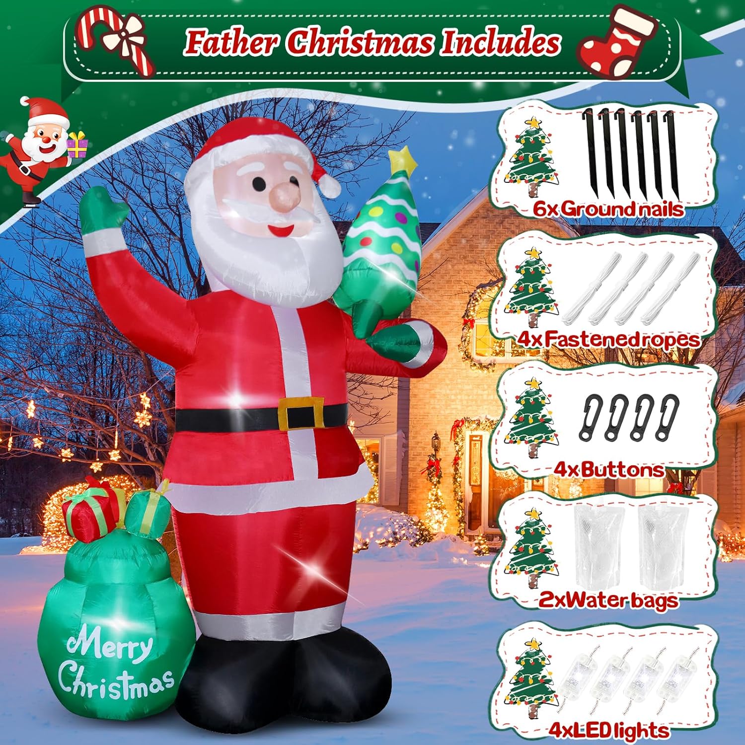 Inflables de Navidad Gigantes de 8 Pies, Santa Claus Inflable con Árbol de Navidad para Jardín