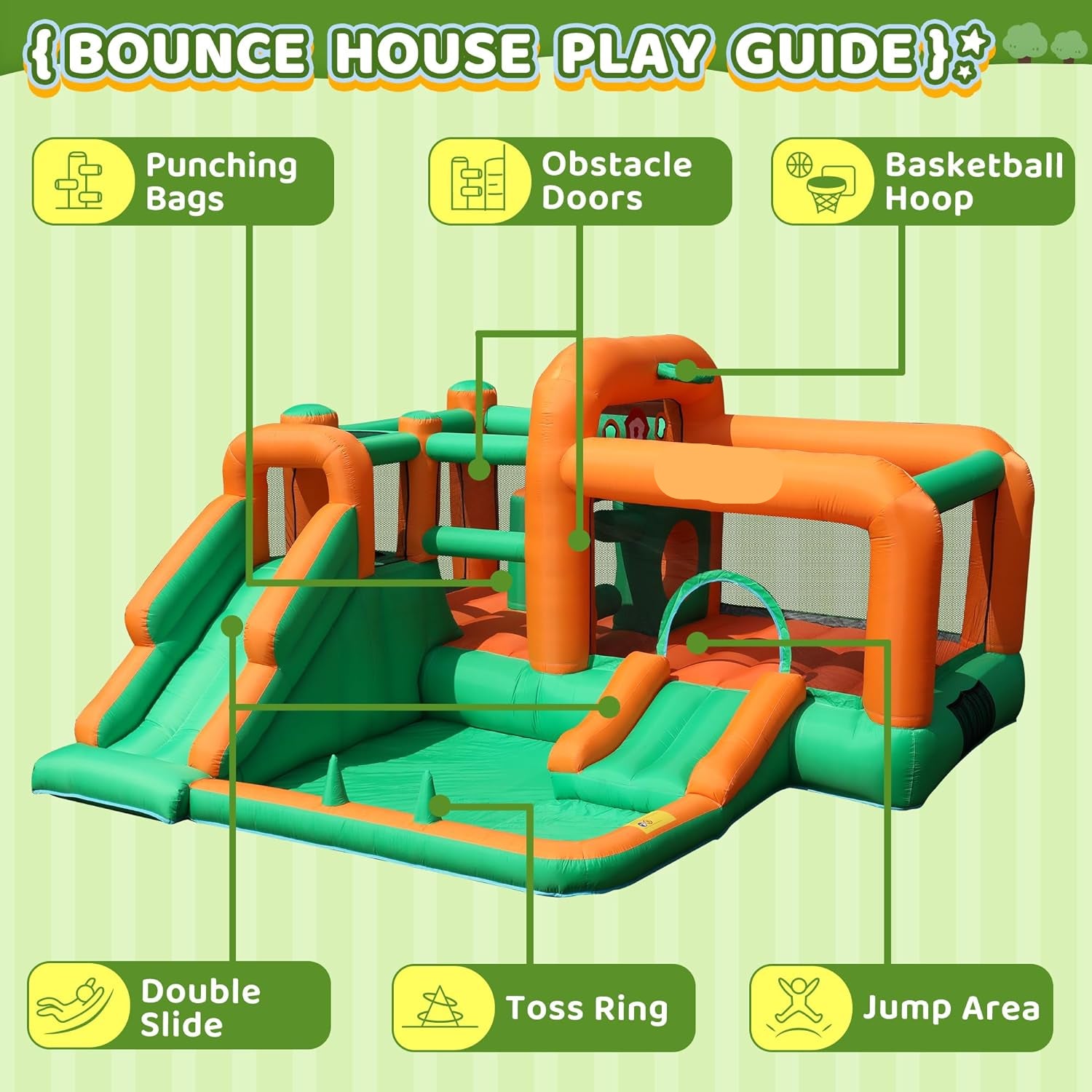Castillo inflable con toboganes dobles y piscina de pelotas para niños