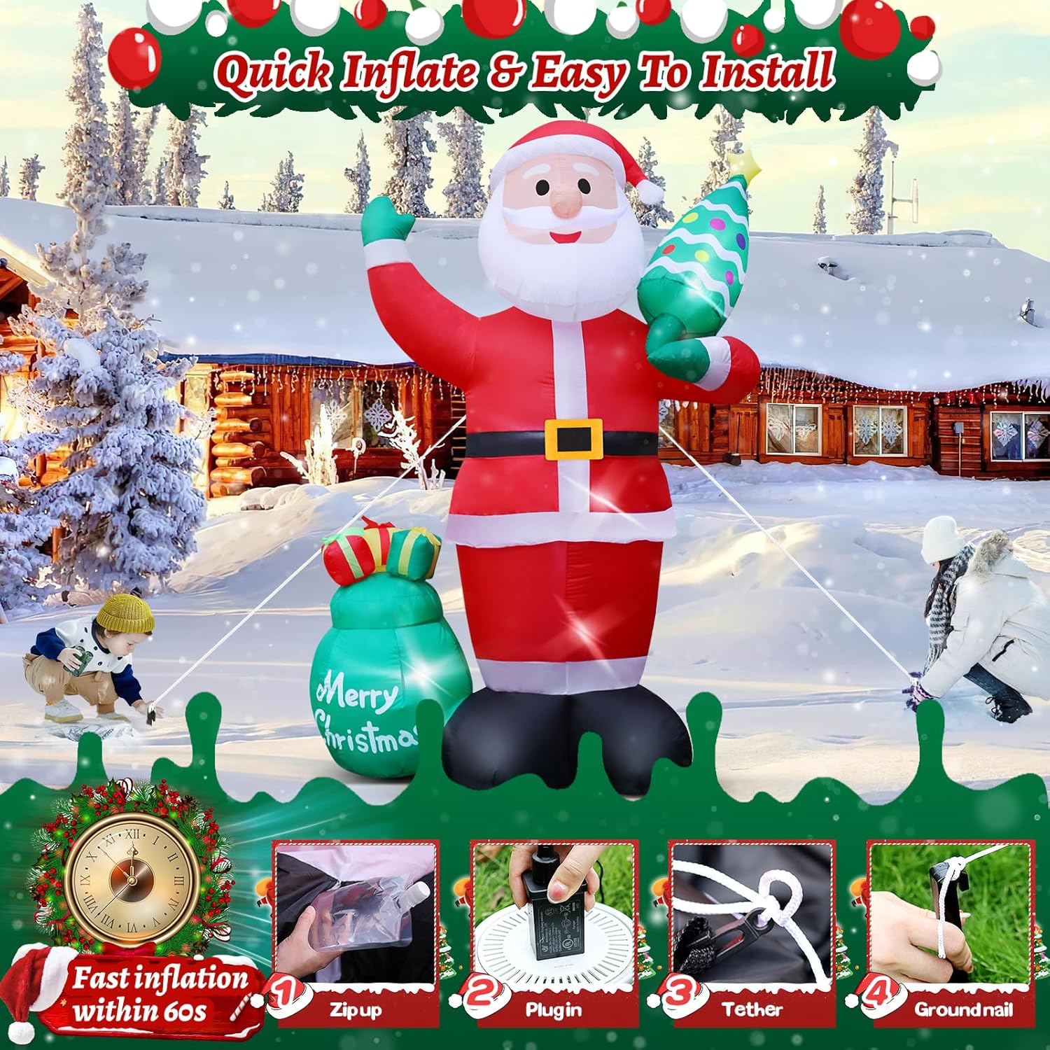 Inflables de Navidad Gigantes de 8 Pies, Santa Claus Inflable con Árbol de Navidad para Jardín