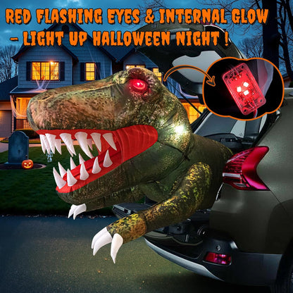 Halloween Inflatable Outdoor Decorations, 3.8FT Trunk or Treat Car Decorations, Blow Up Animated Dinosaur with Flashing Red LED Eyes for Halloween Yard Decoration