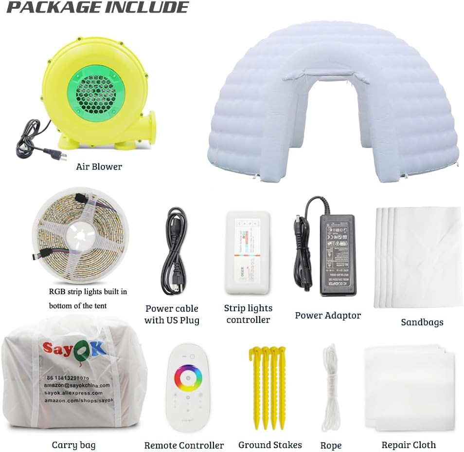 Carpa de domo inflable portátil para exteriores con luz LED para fiestas, bodas, eventos y camping
