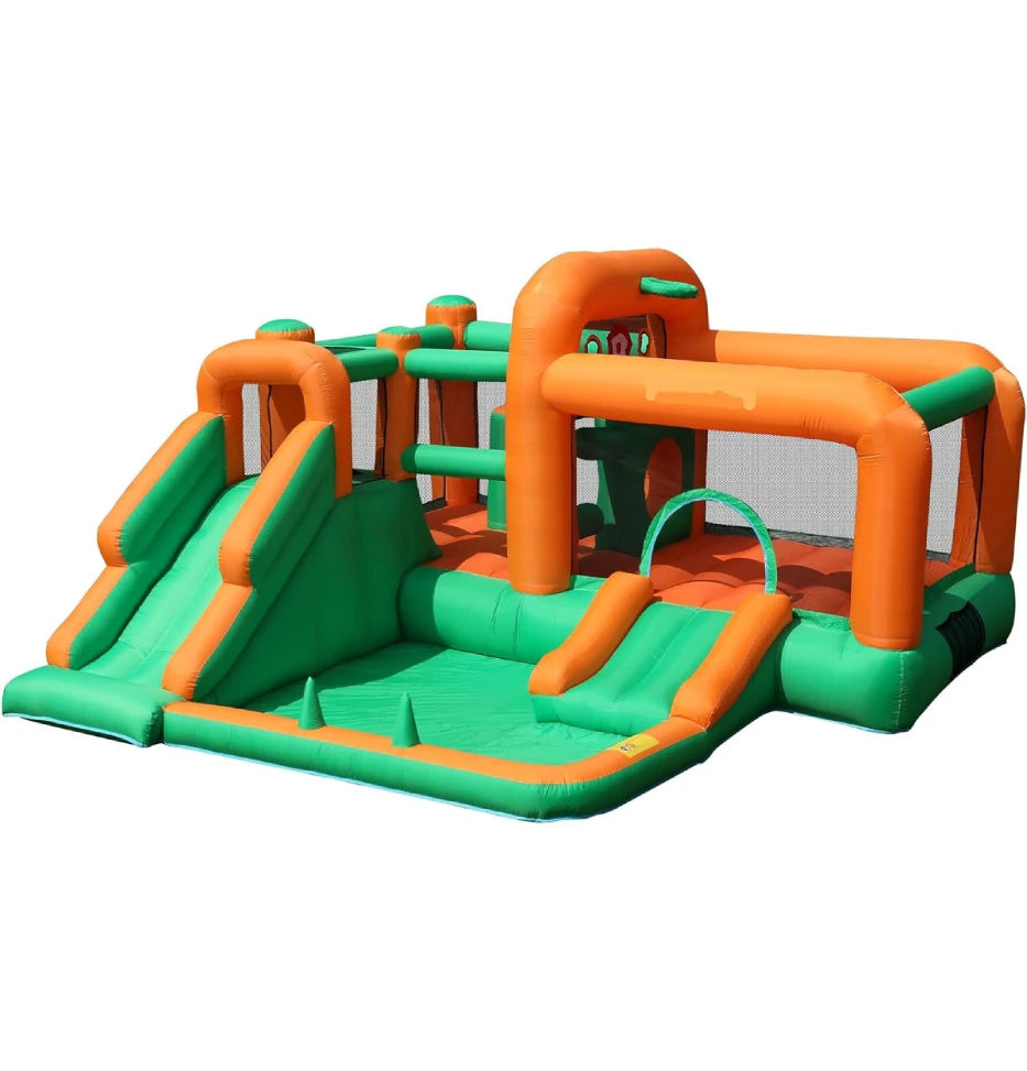 Castillo inflable con toboganes dobles y piscina de pelotas para niños