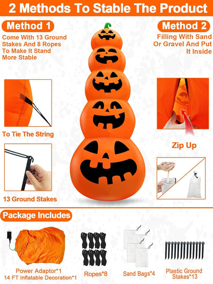 14 FT Giant Halloween Inflatable Stacked Pumpkins Outdoor Decoration Built in 5 LED Lights, Halloween Blow Up 5 Pumpkins Yard Decorations for Lawn Garden Party Decor