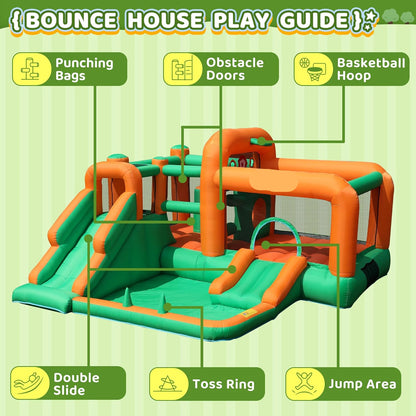 Castillo inflable con toboganes dobles y piscina de pelotas para niños