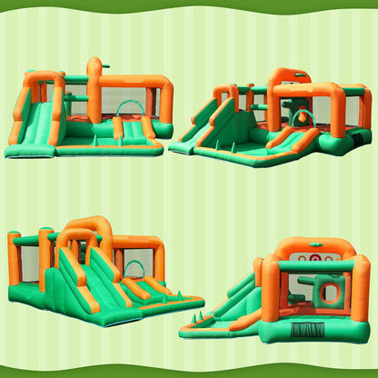 Castillo inflable con toboganes dobles y piscina de pelotas para niños