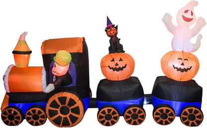 9 Feet Halloween Inflatable Train with Kittens White Ghosts/Pumpkin with LED Lights Blow up Lighted Yard Decor Giant Lawn Halloween Inflatable Home Garden Party Favor Decoration