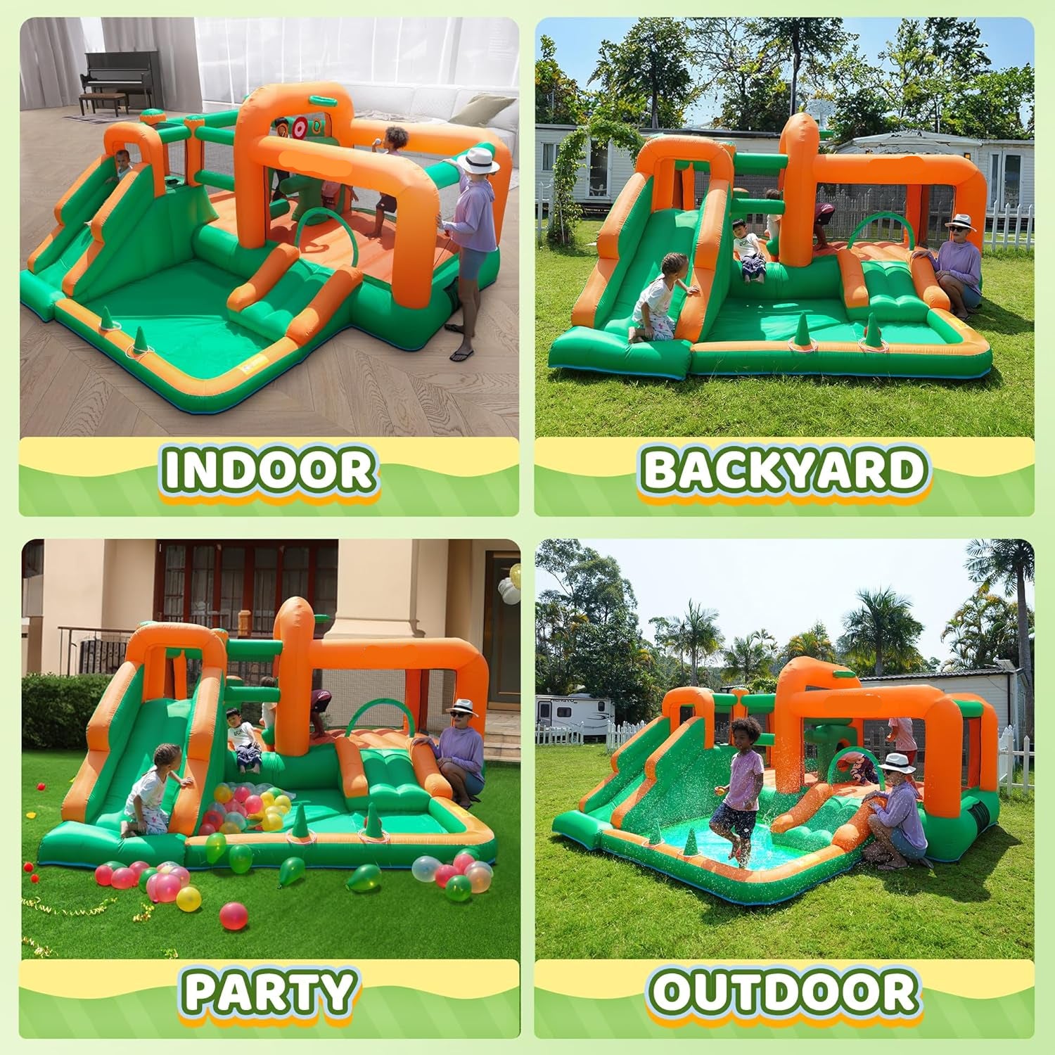 Castillo inflable con toboganes dobles y piscina de pelotas para niños