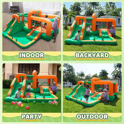 Castillo inflable con toboganes dobles y piscina de pelotas para niños