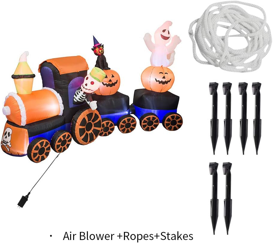 9 Feet Halloween Inflatable Train with Kittens White Ghosts/Pumpkin with LED Lights Blow up Lighted Yard Decor Giant Lawn Halloween Inflatable Home Garden Party Favor Decoration