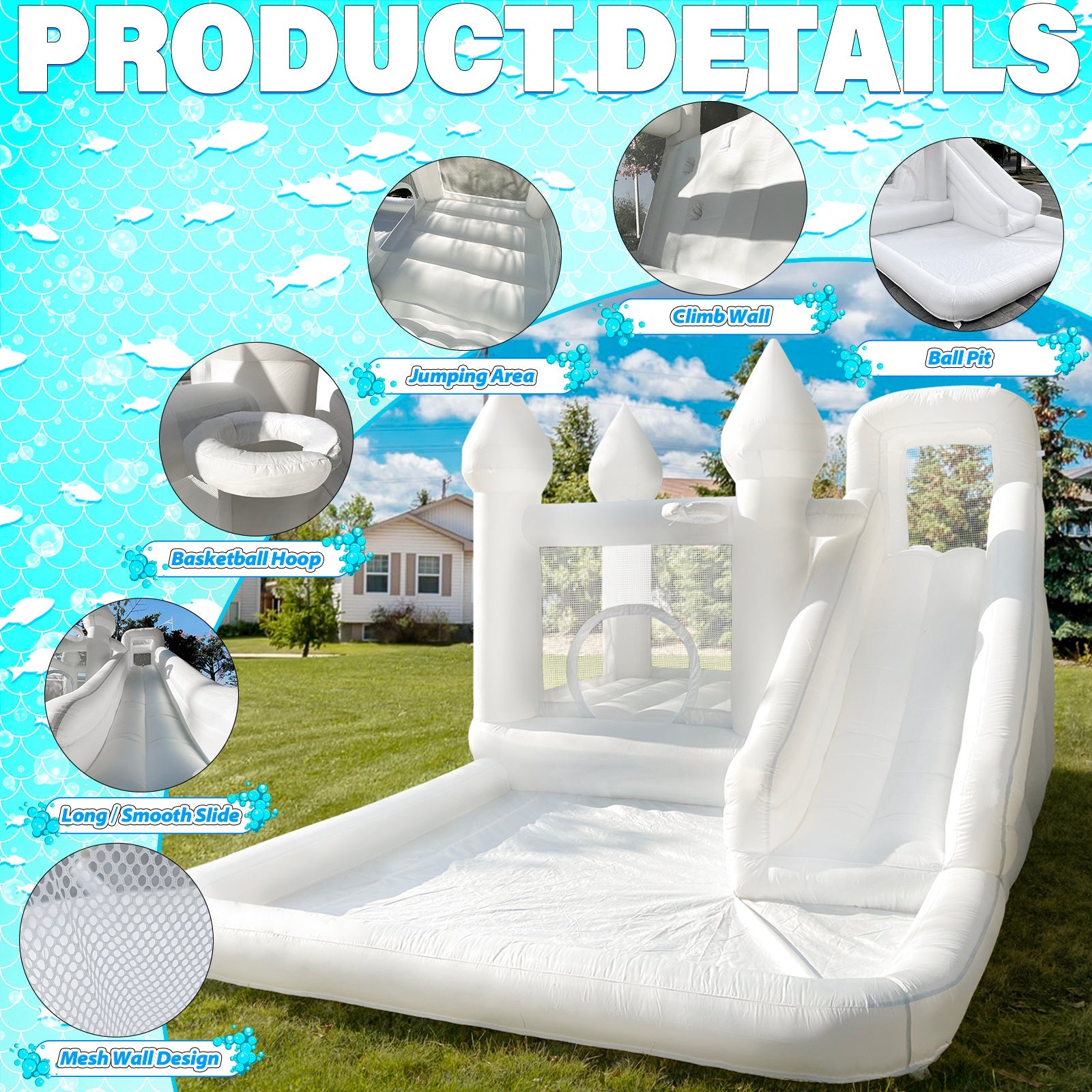 White Bounce House with Slide and Ball Pit