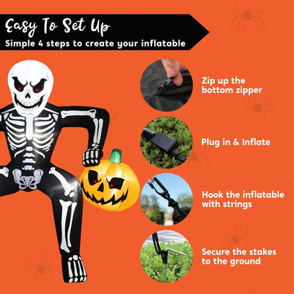 8.5ft Halloween Inflatable Skeleton, Blow Up Skeleton Holding Pumpkin for Rooftop Outdoor Decoration with LED Light, Blow Up Skeleton Sitting On The Roof for Halloween Rooftop Yard Party Decor