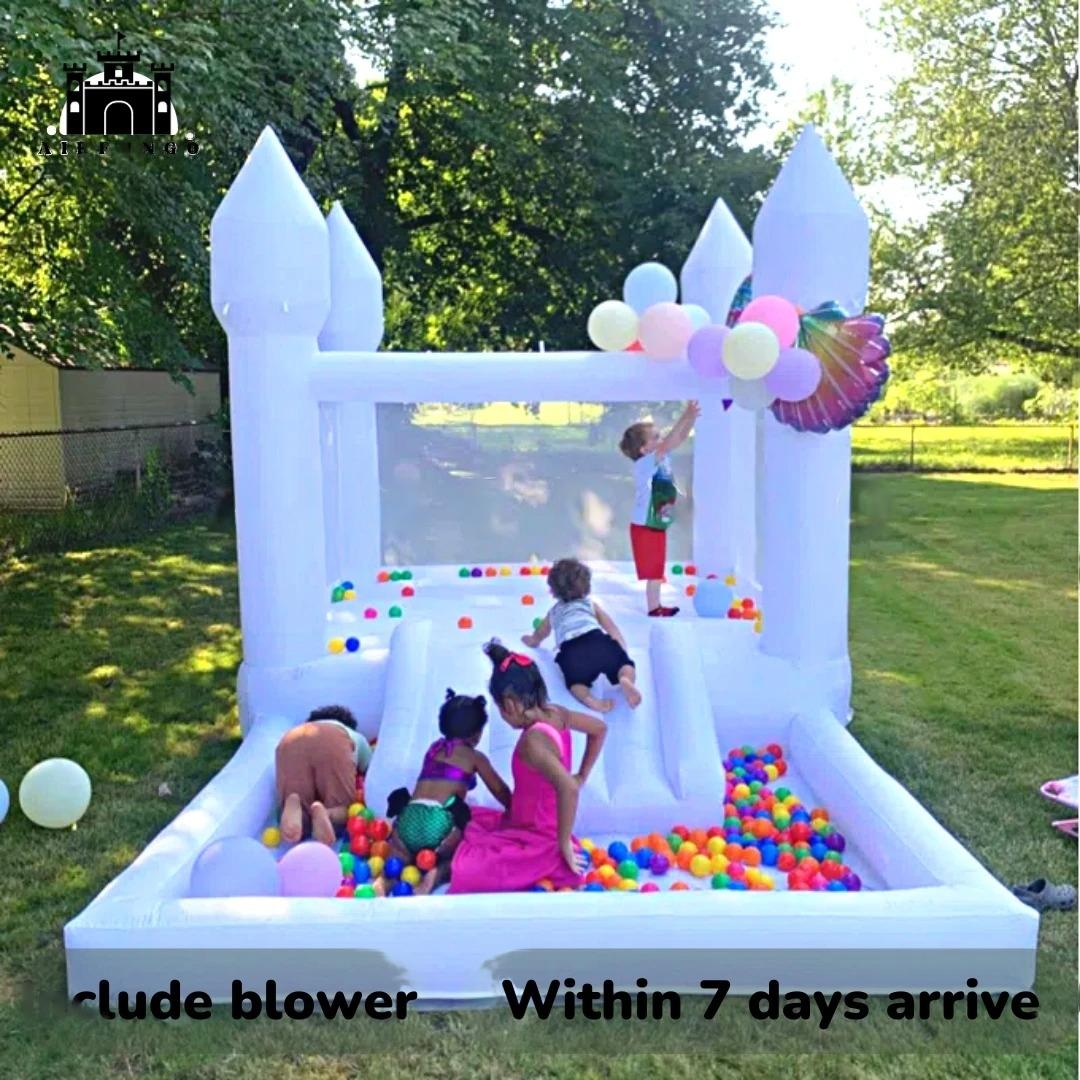 Casa de rebote blanca para niños 9x9x7 pies con tobogán y piscina de pelotas con soplador