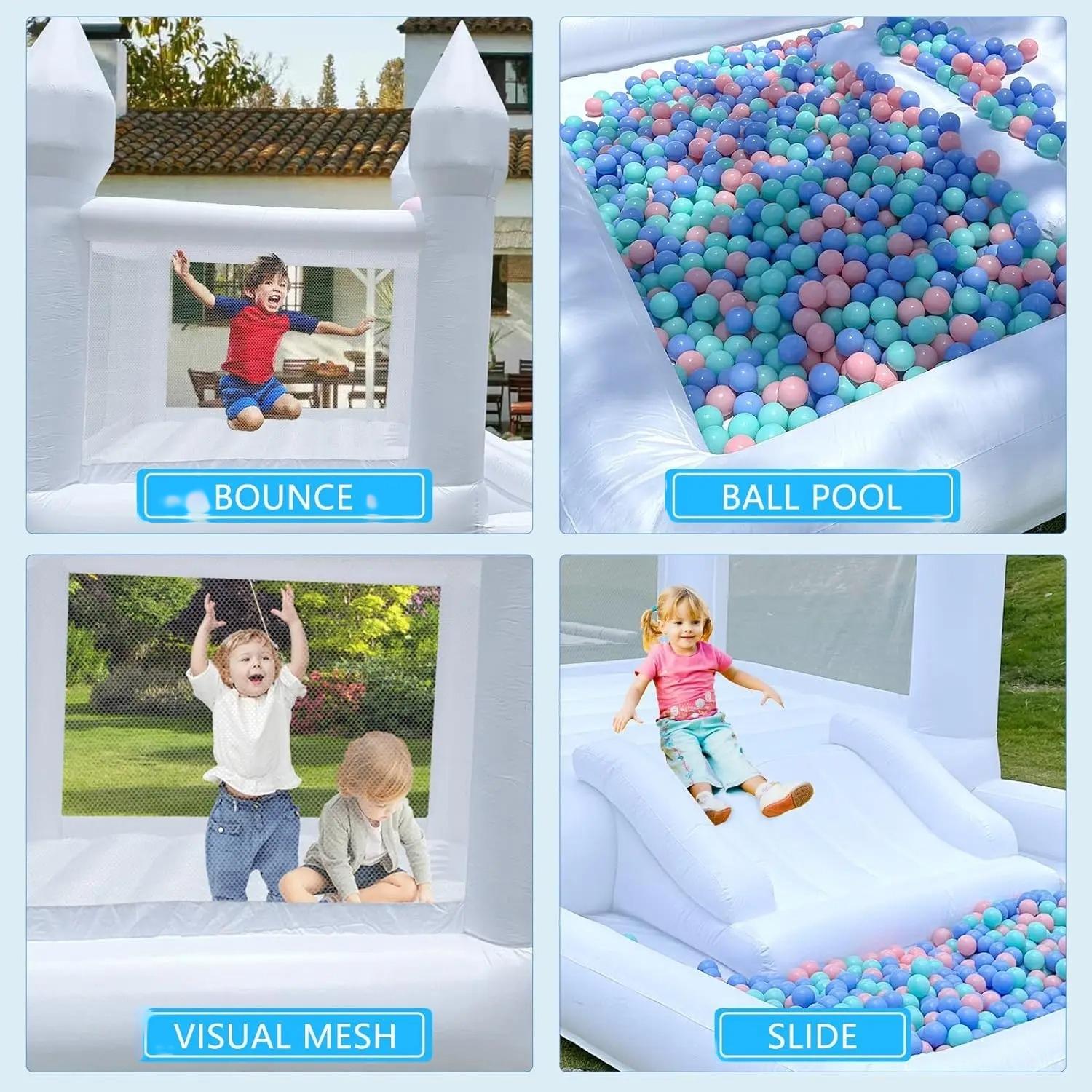 Casa de rebote blanca para niños 9x9x7 pies con tobogán y piscina de pelotas con soplador