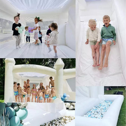 Château gonflable blanc de 14,8 pieds avec toboggan et piscine à balles