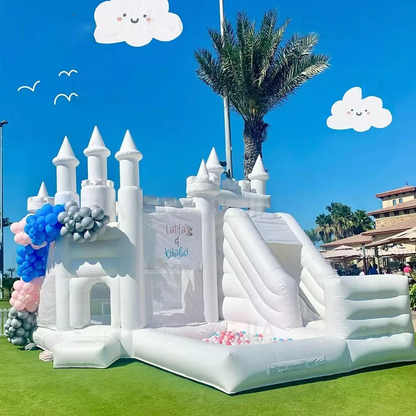 Castillo Inflable Blanco de 20FT con Resbaladilla y Piscina de Pelotas para Fiestas y Eventos