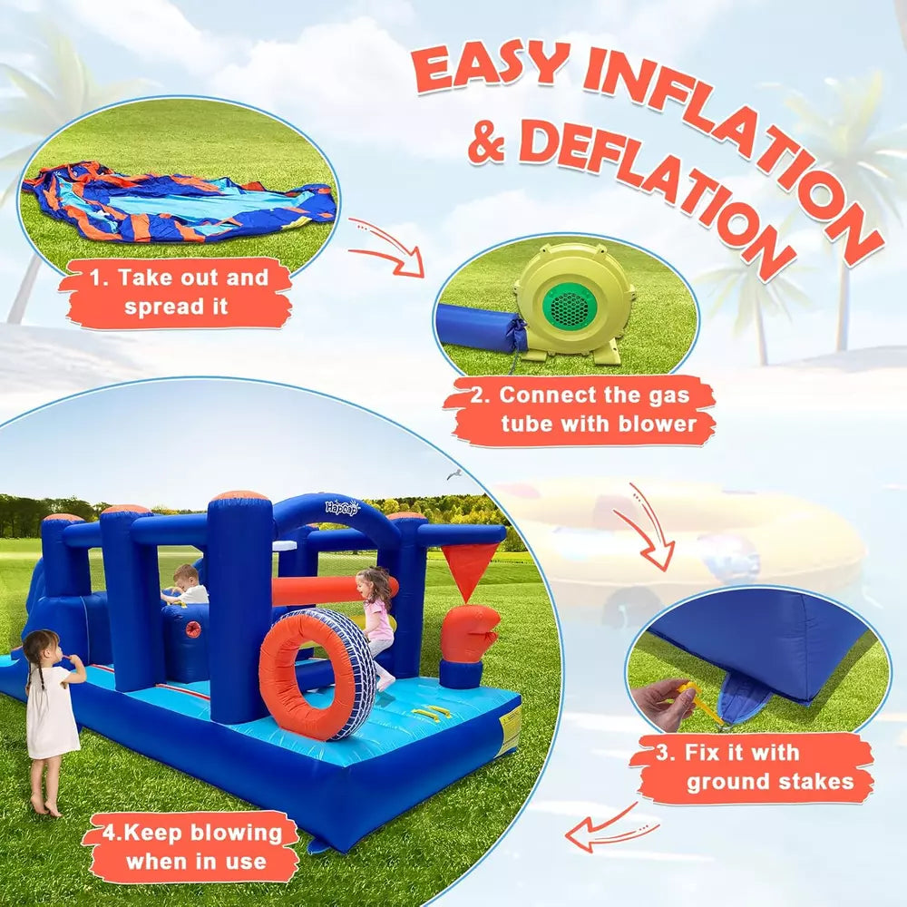 Casa de rebote inflable con curso de obstáculos y tobogán