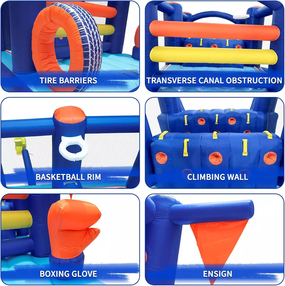 Casa de rebote inflable con curso de obstáculos y tobogán
