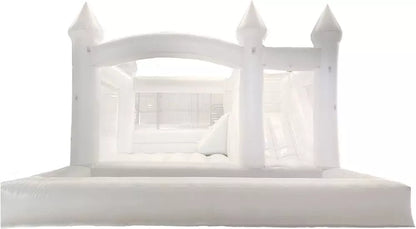 Château gonflable blanc de 14,8 pieds avec toboggan et piscine à balles